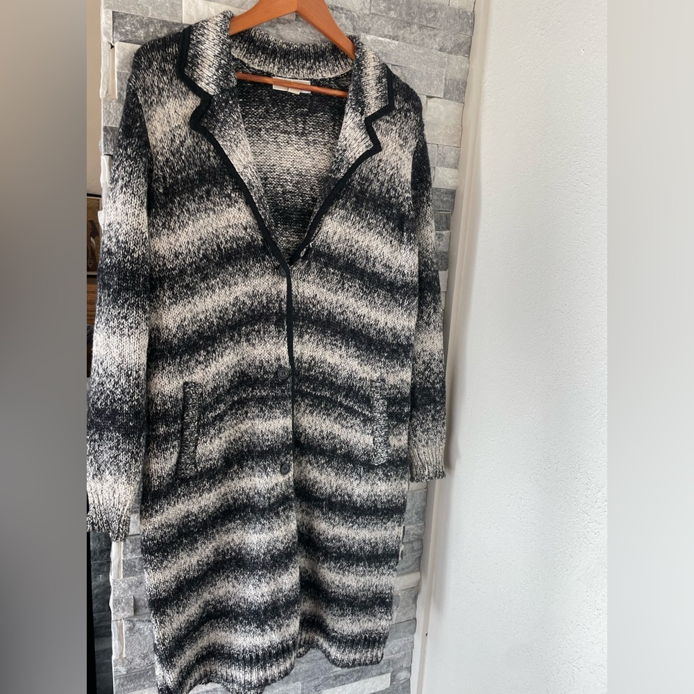 Women MICHAEL KORS Black-Gray-White Long Cotton Blend Cardigan Sweater-Large